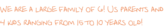 We are a large family of 6! Us parents and  4 kids ranging from 15 to 10 years old!